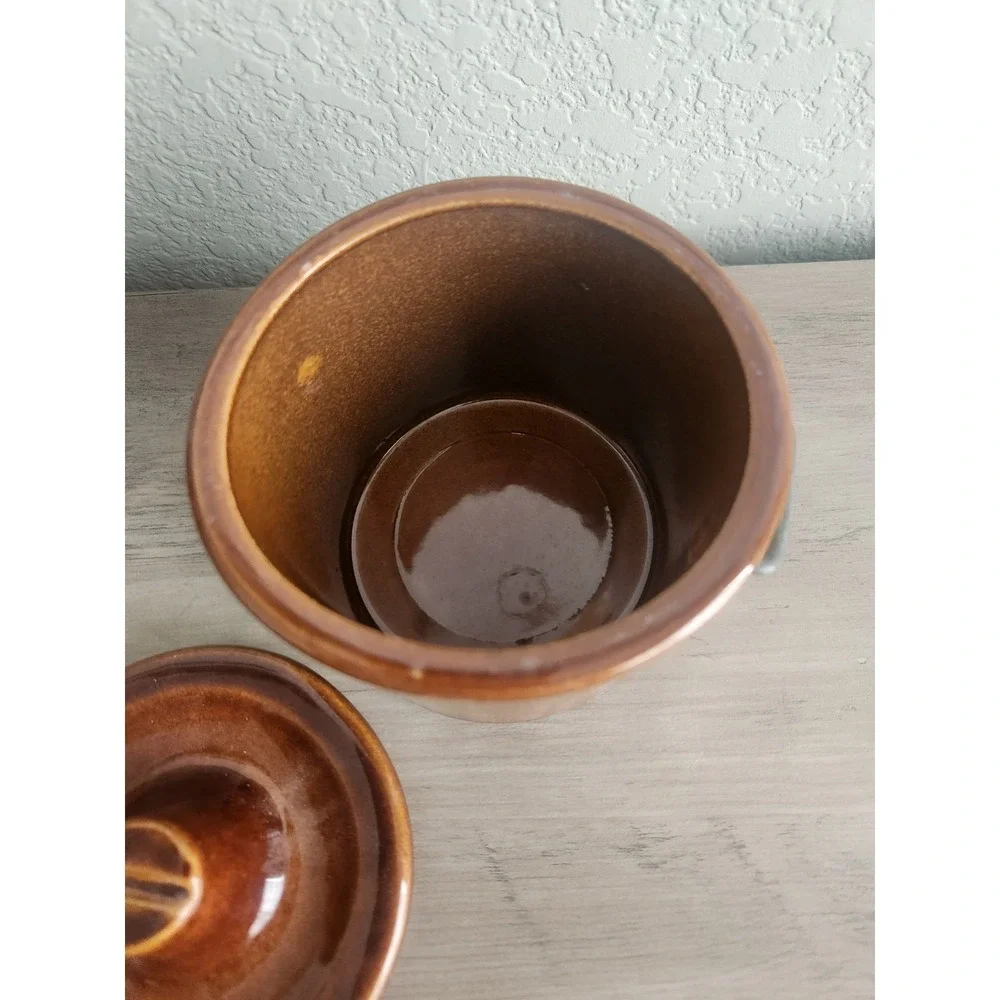 Vintage Brown Glazed Stoneware Cheese/Butter Crock with Bail Clamp Lid - 5 